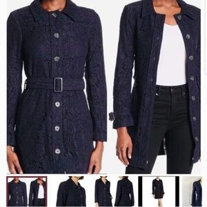 Cupcakes & Cashmere Navy Blue Lace Trench Coat Small